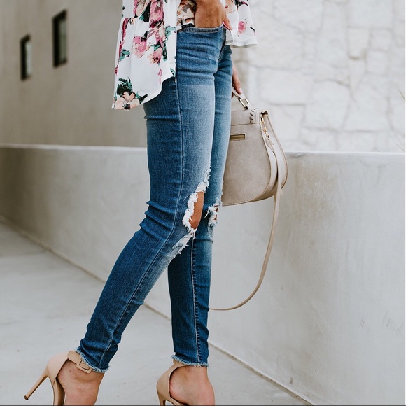 Distressed Denim Med Wash Ankle Skinny Jeans - Picture 6 of 10